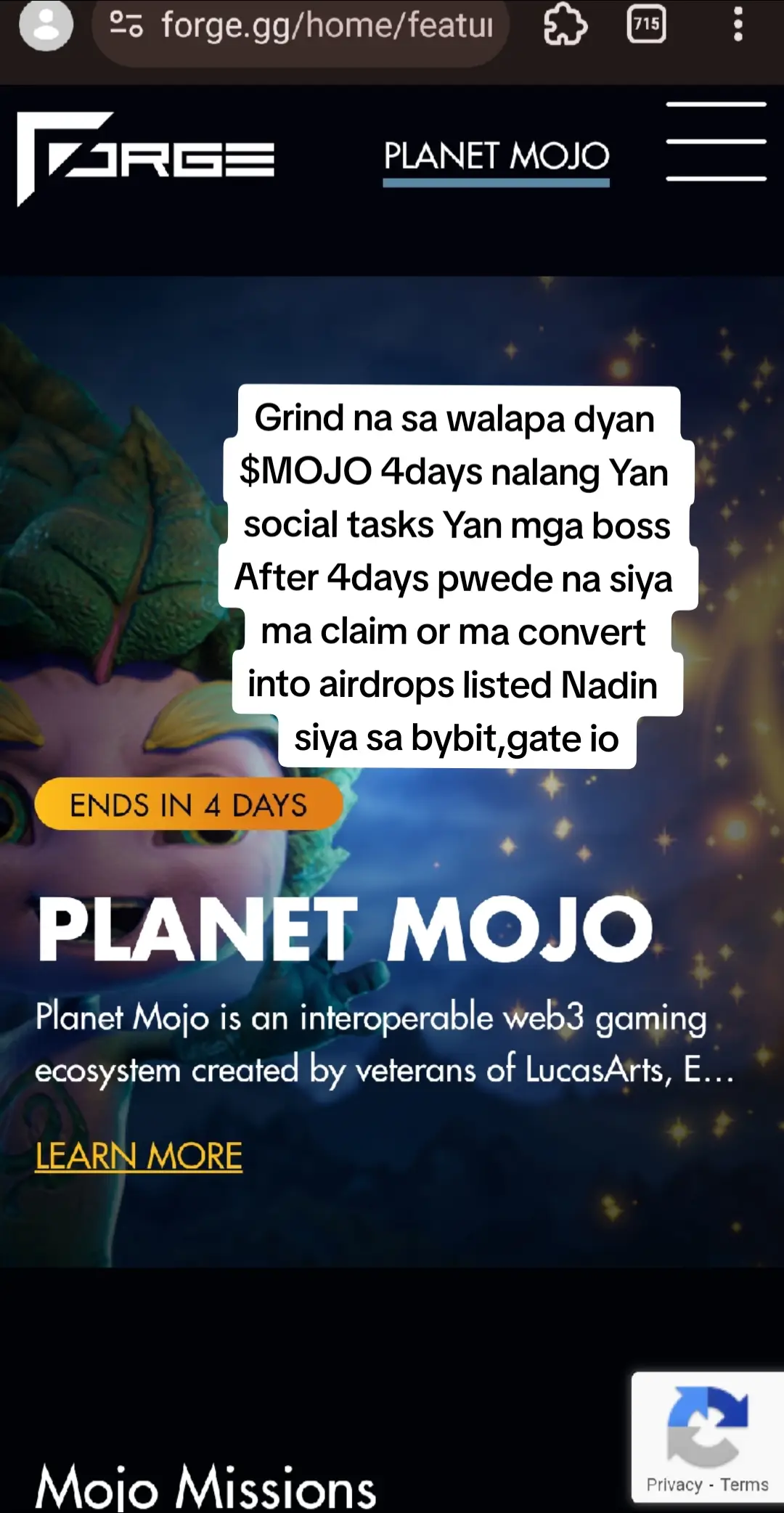 The cover image shows a screenshot of a website, with text overlays. The background has a gradient of blues and purples. At the top is a website bar. Below this is the logo "FORGE" and the words "PLANET MOJO". The main area features characters with a tagline and the text that is used as a hook.