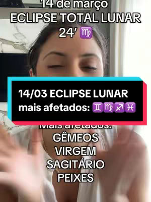 A selfie-style video cover featuring a woman in a light-colored top. Text overlays on the image provide astrological information about an upcoming lunar eclipse, including the date, the most affected zodiac signs (Gemini, Virgo, Sagittarius, Pisces), and the zodiac symbol. The layout is a portrait format, with the woman positioned in the midground, and text elements in colorful boxes, positioned on her face.