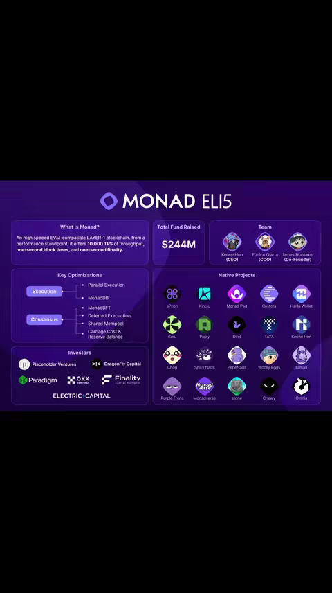 A visually informative graphic with a dark purple and white color scheme. The top features the "MONAD ELI5" logo, with a diamond-shaped logo above. The main body is divided into sections detailing "What is Monad?", "Key Optimizations", "Total Fund Raised", "Team", and "Native Projects". Each section uses icons and text to convey information in a structured manner. The layout is modern with a focus on presenting complex information clearly.