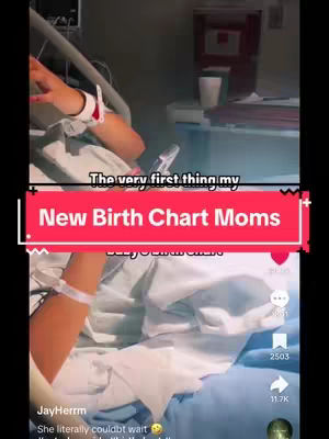 The image appears to be a vertical shot from a hospital room with the focus on a person receiving medical care, specifically with their arm in view and an IV drip. The person is lying in bed under a white sheet or blanket and appears to be wearing a hospital bracelet on their wrist. The background suggests a medical setting with equipment and supplies. A section labeled "New Birth Chart Moms" is superimposed across the image, likely serving as a title.