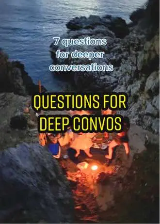 The cover image shows a scenic view with a dark blue body of water on the upper left, and a dark, rocky formation on the right. Behind the rocks, there's an area where people are gathered around a campfire at night, with an orange glow emanating from the fire. Text overlays are present, describing the video content.