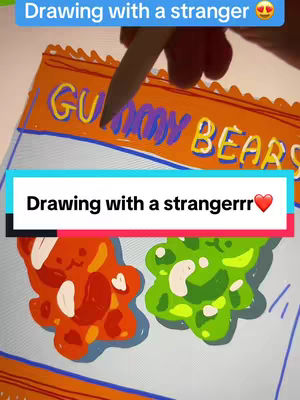 The cover features an image of a bag of gummy bears. The top layer says "Drawing with a Stranger" in white sans-serif font on top of a blue background. Below this, there's a text overlay within a red background that says "Drawing with a strangerrr❤️". Below, there are two gummy bear figures the one on the left is red and the other is green.