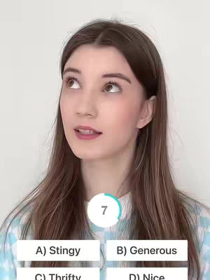A young woman with long brown hair looks upwards with a slight smile. She is wearing a light blue patterned top with a white background. A white circle with the number 7 inside is overlaid near her neck. Underneath her are listed four options written in white on a colored box, a vocabulary test is arranged.