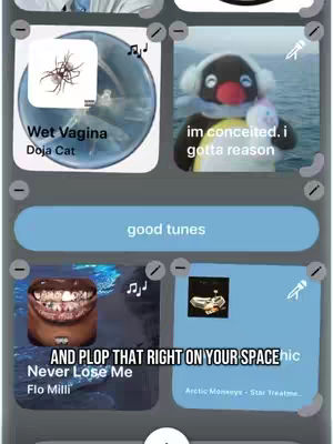 The image showcases a phone screen displaying what appears to be an Airbuds space app interface, the interface is divided into multiple tiles, each representing a different function or piece of media. Above, there appears to be a grid-based layout with icons and text. Below, there's a series of tiles showcasing music album covers with additional text and interaction elements on the overlay.
