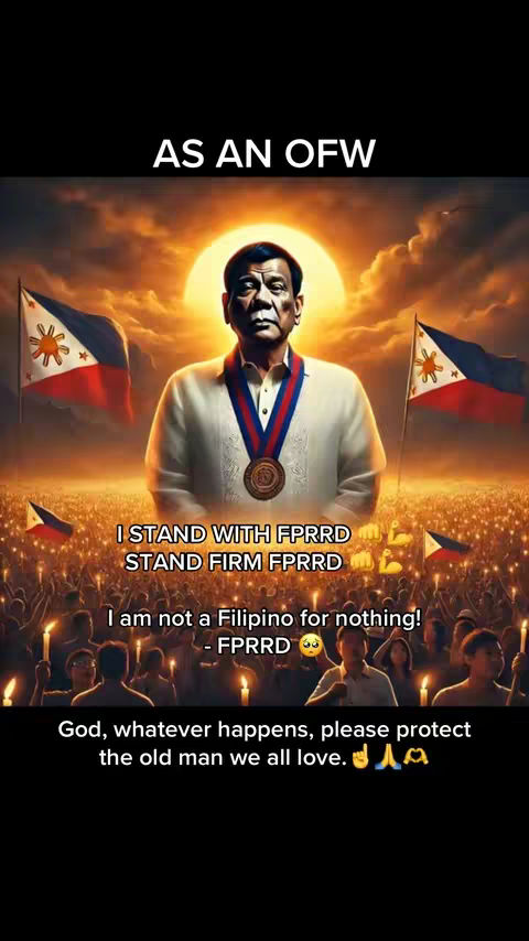 The image is a digital artwork with a patriotic theme. It features a central portrait of a man wearing a medal, possibly a leader or figure of authority, set against a backdrop of a sunset with radiant orange and yellow hues. The man is surrounded by the Philippine flags waving in the breeze. In the foreground, there's a crowd with candles lit, creating an atmosphere of unity and solidarity. Text overlays are present, with the phrases "AS AN OFW," "I STAND WITH FPRRD," and supporting statements, indicating a message of support. The composition uses rich colors and a dramatic lighting scheme.