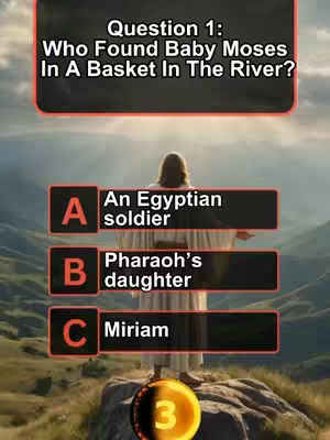 The cover image shows a game show-style interface for a Bible quiz. The central focus is a person in white robes with their back to the camera, gazing at a mountainous landscape. The quiz questions and answers are presented in a box at the top and multiple choice answers below. A digital timer occupies the bottom.