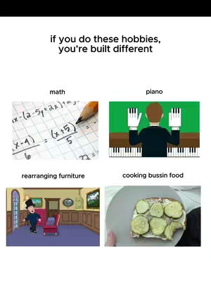 The image is divided into four quadrants, each showcasing a different activity. The top left shows a mathematical equation and pencil. The top right displays a person playing the piano. The bottom left features a cartoon character, and the bottom right shows a plate of pickles on bread.