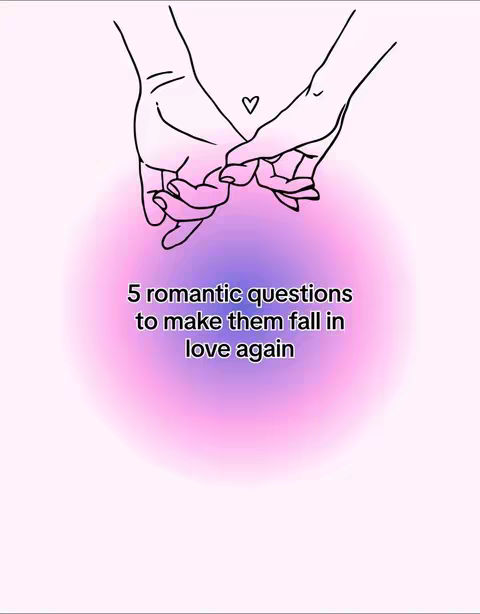 The image features a light pink background with a gradient that transitions from pink to purple. The main visual element is a line drawing of two hands holding each other's pinkies, forming a connected symbol, with a small heart above. The text "5 romantic questions to make them fall in love again" is rendered in a clean, sans-serif font, positioned centrally below the hands. The overall composition has a soft, romantic feel.
