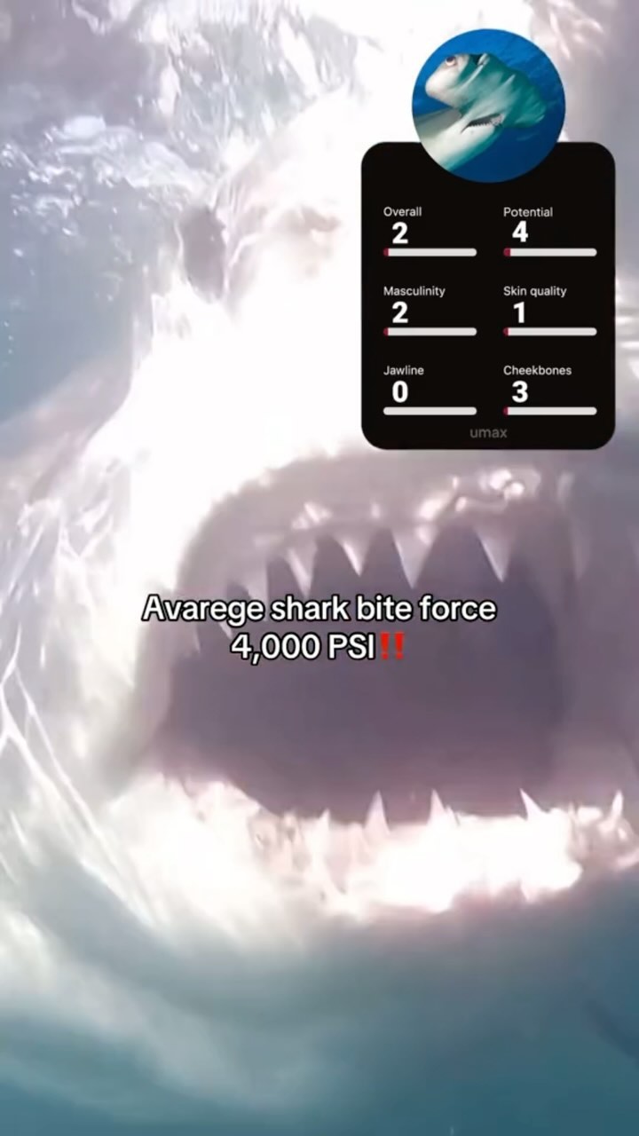 The cover image showcases the open maw of a shark, filled with sharp teeth, against a backdrop of water. Above it, a circular graphic displays a smaller shark and various visual metrics. Text overlays detail the shark's bite force and other related data.