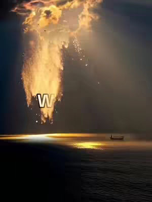 The image depicts a dramatic, spiritual scene. A large, luminous cloud formation dominates the upper portion, emanating a fiery, downward stream that could represent divine light. The letter 'W' appears in this stream of light. Below, a calm body of water reflects the light, and silhouette of a boat is visible on the horizon, suggesting a sense of peace and reflection. The overall color palette is dark, with the bright light of the sky contrasted by the dark water.
