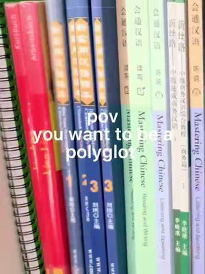 The cover image shows a collection of textbooks with titles written in Chinese and other languages. A spiral notebook and what appears to be a red book also appears on the left. The text overlay reads: 'pov you want to be polyglot.' The image has a vertical orientation with a warm color palette, highlighting the studying theme.
