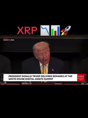 The cover image is a vertical shot taken at a conference. The image is dominated by a man speaking into a microphone. Text overlays include the word "XRP," along with various symbols and a rocket, the date "MARCH 7, 2020", and lines indicating the main topic is "President Donald Trump delivers remarks at the White House Digital Assets Summit."
