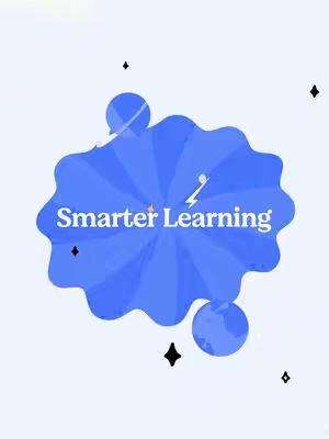 A graphic with a blue blob shape in the center, with the words "Smarter Learning" in white text across it. There are smaller blue circles and star decorations scattered around the image. The background is a light blue color.