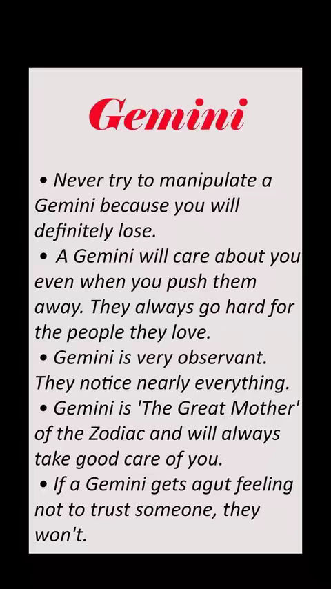 The cover image features a white background with text overlay and black borders. The text is about the zodiac sign Gemini, written in a mix of red and black fonts, with a bold, stylized font for the heading.