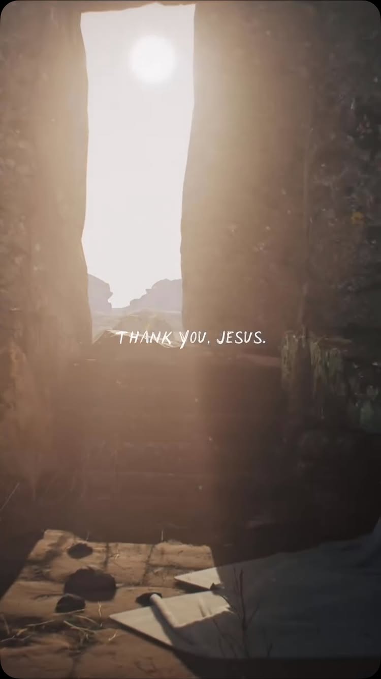 A sunlit image framed by the opening of a stone structure, possibly a tomb or cave entrance. The sun is bright at the top, casting a golden glow, with the text "THANK YOU, JESUS." overlaid in a handwritten style.