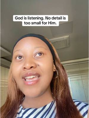 A woman with light-brown hair wearing a black headband looks up with an open mouth, smiling. Above her is a text overlay that states:
God is listening. No detail is too small for Him.