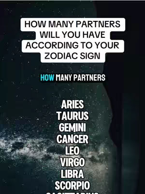 The image features a dark background with a celestial effect, possibly a starry night or space. Overlaid on this is text in a clean, white font, asking the question "HOW MANY PARTNERS WILL YOU HAVE ACCORDING TO YOUR ZODIAC SIGN". Below this is a title "HOW MANY PARTNERS" in a lighter blue, followed by a list of zodiac signs from Aries to Scorpio, each listed in bold white lettering.