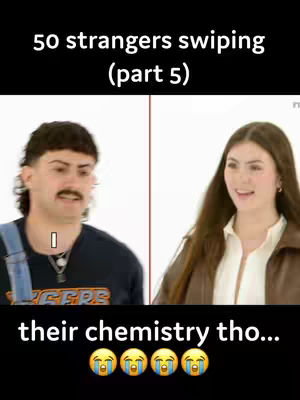 A split screen shows a side-by-side comparison of a man and a woman. The man, on the left, has a mullet, mustache, and is wearing a dark t-shirt with overalls and is looking to the left. The woman, on the right, is smiling and wearing a light-colored shirt with a brown jacket looking towards the viewer. Text overlays appear at the top and bottom of the image, with a black background.