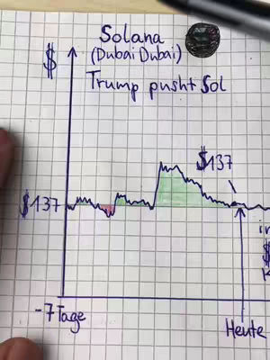 The image shows a handwritten graph on graph paper charting the price of Solana against time. The y-axis uses a dollar sign symbol, and the x-axis marks time increments, with text in German such as 'Heute' and '-7 Tage'. The overall composition includes handwritten notes.