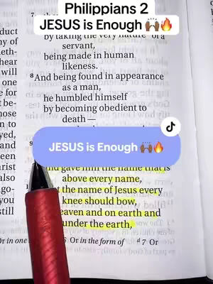 A photo shows an open Bible with a red pen pointing at a passage in the text. A text overlay reads "JESUS is Enough" in a speech bubble. The Bible is open to a highlighted passage.