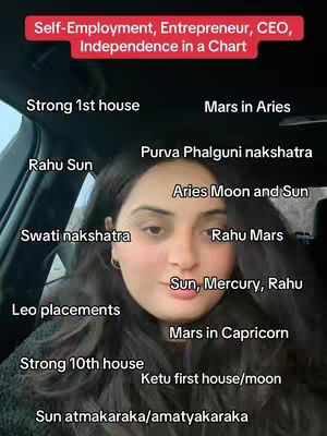 A woman with long, dark hair is centered in the frame, appearing to be in a car. Overlayed text in the image includes astrological terms and placements and shows a text banner that says "Self-Employment, Entrepreneur, CEO, Independence in a Chart". The woman's face is neutral, with direct eye contact. Text labels are scattered around her face.