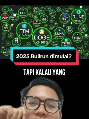 The cover image is a split-screen. On the top half, the background is a dark space filled with many small, glowing green circles. Each circle has a different cryptocurrency abbreviation (e.g., DOGE, XRP) and a percentage. In the middle is a transparent rectangular area. On the bottom half, a man with glasses looking at the camera.