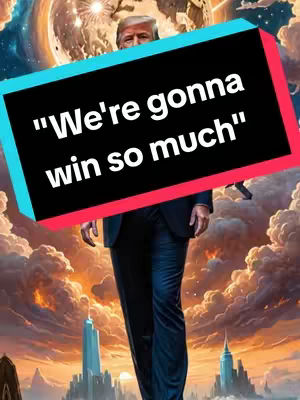 An AI-generated image featuring Donald Trump standing prominently. He is wearing a dark suit, and the background showcases a stylized skyline. Overlaid on the image is a black banner with the text "We're gonna win so much" in white font, emphasizing a quote.