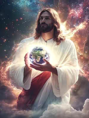 An illustrative depiction of Jesus holding a glowing globe of Earth, set against a cosmic, cloud-filled backdrop. Jesus, portrayed with long, flowing hair and a beard, is dressed in white robes with a red sash, radiating a divine aura. The artwork evokes themes of faith, protection, and spirituality.