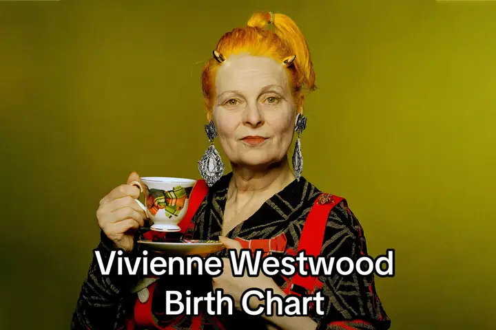 The cover image features a portrait of a woman holding a teacup. She is wearing a dark, patterned top with red straps. Her hair is styled in a high, orange bun with horns. Large silver earrings accessorize her look. The background is a solid, olive-green color. The text overlay reads 'Vivienne Westwood Birth Chart'.