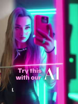 A selfie-style image featuring a woman holding a pink smartphone up to her face in front of a mirror. The lighting is vibrant with neon pink and green lights creating a futuristic atmosphere. She has long blonde hair and is wearing a black top. The image includes a text overlay, 'Try this with our AI,' and a reflection of the woman is clearly visible in the mirror.