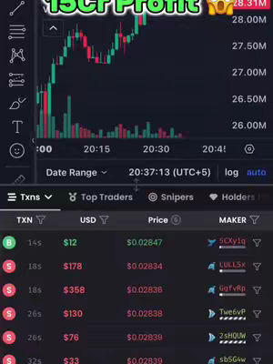 The cover image displays a real-time trading chart with various highlighted transaction data. The background features a chart illustrating price fluctuations, with green and red bars denoting buying and selling activity. Overlayed on the bottom portion is a detailed table with transaction details, including TXN, USD value, price, and the maker's ID. Above the chart, a green banner declares '15cr Profit' with an animated surprised face, symbolizing high gains. Overall, the image uses financial data visualizations combined with textual overlays to provide a trading-related summary.