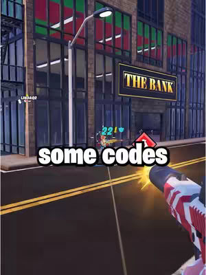 A first-person view from a video game, showing street, building, and a gun aimed toward the screen with text overlay on the image. The background has the words 'THE BANK' on a sign and the text overlay says 'some codes'.