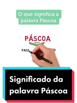 The image has a white background. In the upper portion, there's a light green rectangle containing the text 'O que significa a palavra Páscoa' in white. Below this, towards the center, the word 'PÁSCOA' is prominently displayed in red with a green horizontal bar underneath, and the word 'HEBRAICO' is in green, inside that bar. A hand is drawing with a black pen next to the word 'PASS...' Text within a dark blue rectangle at the bottom says 'Significado da palavra Páscoa' in white. The overall composition is simple and educational, likely meant for a video.