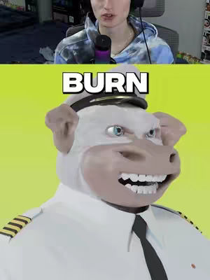 The image is split into two sections. The top half features a person with headphones looking at the camera. The bottom half showcases a cartoon character of a pig in a captain's outfit with an angry expression and the word "BURN" overlayed on top.