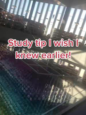 The cover image shows a slightly angled shot of a library interior. The main text overlay reads \"Study tip I wish I knew earlier!\". The color palette is muted with natural lighting, possibly lit through the window. The background shows bookshelves and architectural lines.