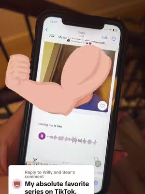 The cover image displays a close-up of a smartphone screen held in a hand. The screen shows a dating app interface with a profile picture obscured by an illustrated flexing arm. The background looks like a room and is dark except the screen with the app.