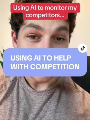A close-up shot of a young man's face, with a red banner across the top that reads "Using AI to monitor my competitors..." The man has dark hair and is looking towards the camera. A blue rounded rectangle with the text "USING AI TO HELP WITH COMPETITION" covers part of his face. A TikTok logo is on the top right of the blue rectangle.