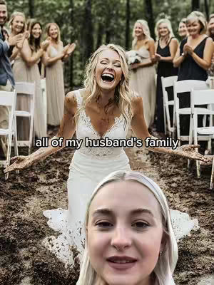 A split-screen image showcases a woman's face in the foreground against a background of a bride in a wedding dress. The bride is joyous with her mouth open as if screaming. The background consists of a wedding scene with guests.