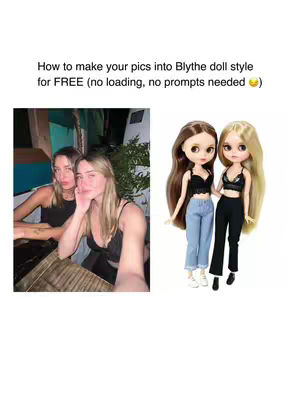The cover image is a split design showcasing two distinct scenes: one with two young women and the other with two Blythe dolls. On the left, two women are casually seated, with one resting her chin on her hand, in what appears to be an outdoor setting. On the right, two Blythe dolls are displayed, styled similarly to the women on the left, dressed in modern outfits. Above the scenes, white text provides setup, adding context that the video demonstrates how to transform photos into Blythe doll style. The background is simple, and the overall composition is designed to capture attention with a clear before-and-after transformation idea.