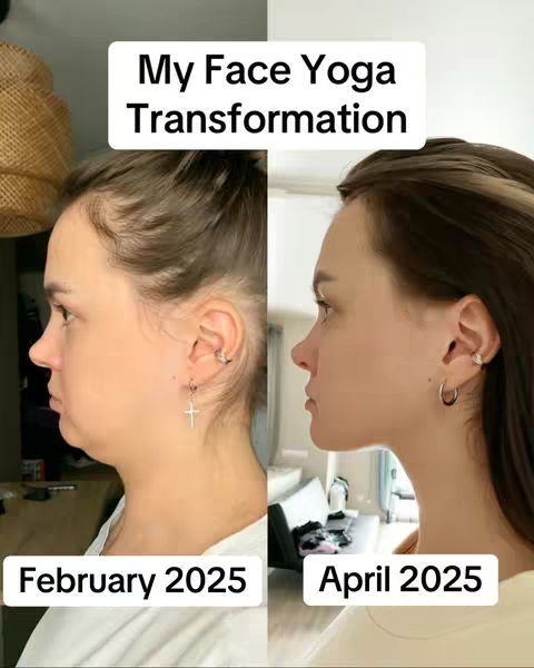 The cover image is a split view showing a woman's face from the side. The left side shows her face in February 2025, with a slightly fuller jawline. The right side presents her face in April 2025, after a face yoga transformation, with a more defined jawline. The background is a neutral, interior setting.
