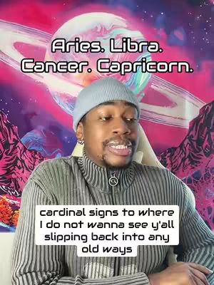 A cover image featuring a Black man, wearing a gray cap and a striped gray sweater, against a colorful background. Text overlays identify astrological signs. The man is speaking, suggesting a video about astrology or readings.