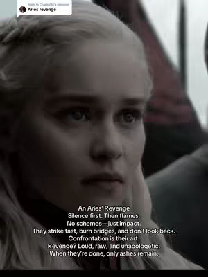 A movie scene still featuring a fair-skinned woman with platinum blonde hair pulled back in a braid, looking slightly off-camera with a contemplative expression. Text overlay is present at the bottom, presenting a poetic description titled as Aries' Revenge.