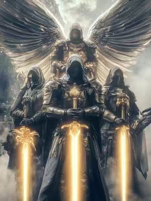 A digitally-created image depicting four figures in dark armor with hoods, holding glowing gold swords. Behind them is a figure with large feathered wings. The figures are positioned with a central figure holding a gold symbol appearing to be a key. The color palette is dark, with gold highlights.