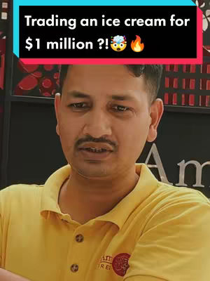 A man in a yellow shirt is shown in a medium shot, placed in front of a dark background with an 'Am' logo visible. The top of the image contains a hook in a rectangular shape with the text "Trading an ice cream for $1 million ?!" along with the money, thinking and fire emojis.