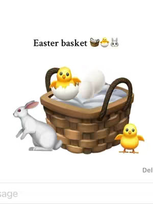 The cover image features an Easter theme with a white background. It showcases a brown woven basket filled with white cotton or fluff, with a yellow chick emerging from a cracked egg inside. Beside the basket, there are more Easter themed elements like a white bunny rabbit and another chick. The words 'Easter basket' are written on the image. Additionally, there are emojis of a small basket, a chick, and a bunny rabbit at the top. The overall composition is cheerful and festive, with a focus on Easter symbols and associated emojis.