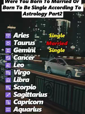 The cover image is a vertical video screenshot with text overlayed on an urban background. The background shows a nighttime cityscape with city lights and a blurred road. Prominently featured is a list of zodiac signs on the left in white text, each accompanied by the zodiac symbol in a purple square. To the right of the signs, the words "Single" and "Married" are presented, indicating relationship statuses associated with each sign. The foreground features a bridge railing design, and there is a white car driving on the road. The text at the top states "Were You Born To Married Or Born To Be Single According To Astrology Part2".