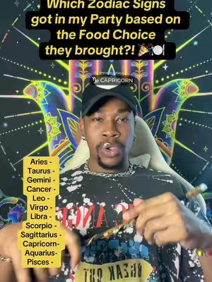 A close-up shot of a man, with a black baseball cap, a silver chain, and a patterned, dark shirt, seated in a chair. Above him is a colorful, patterned background. A text overlay asks about zodiac signs based on food choices, surrounded by a list of zodiac signs. The man has a piercing in his mouth.