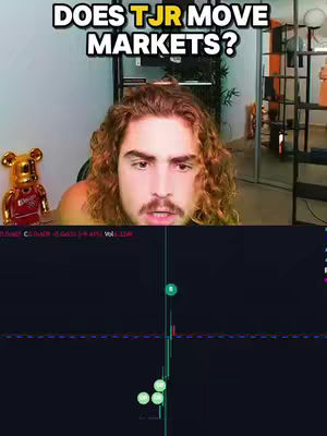 A man with curly brown hair and a surprised expression is centered in the image. Above him, text asks if he moves markets. Below him, a chart with green and white candlesticks is visible.