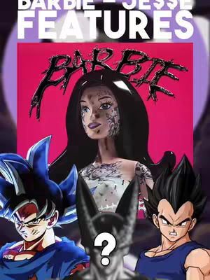 A cover image featuring the Barbie doll, Goku, Vegeta, and a question mark. The Barbie doll is in the center, stylized with tattoos and dark hair. Goku and Vegeta, from Dragon Ball Z, are on either side. The background is a gradient of pink and purple, with text reading 'BARBIE - JESSE FEATURES' at the top.