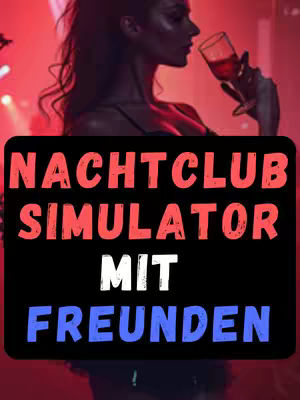 The cover image showcases a woman holding a glass of red wine in a nightclub setting with text overlay. The background features a blurred red and pink color scheme, implying lights and movement. The text overlay is in a black rectangle, with white and blue text that promotes the night club simulator.